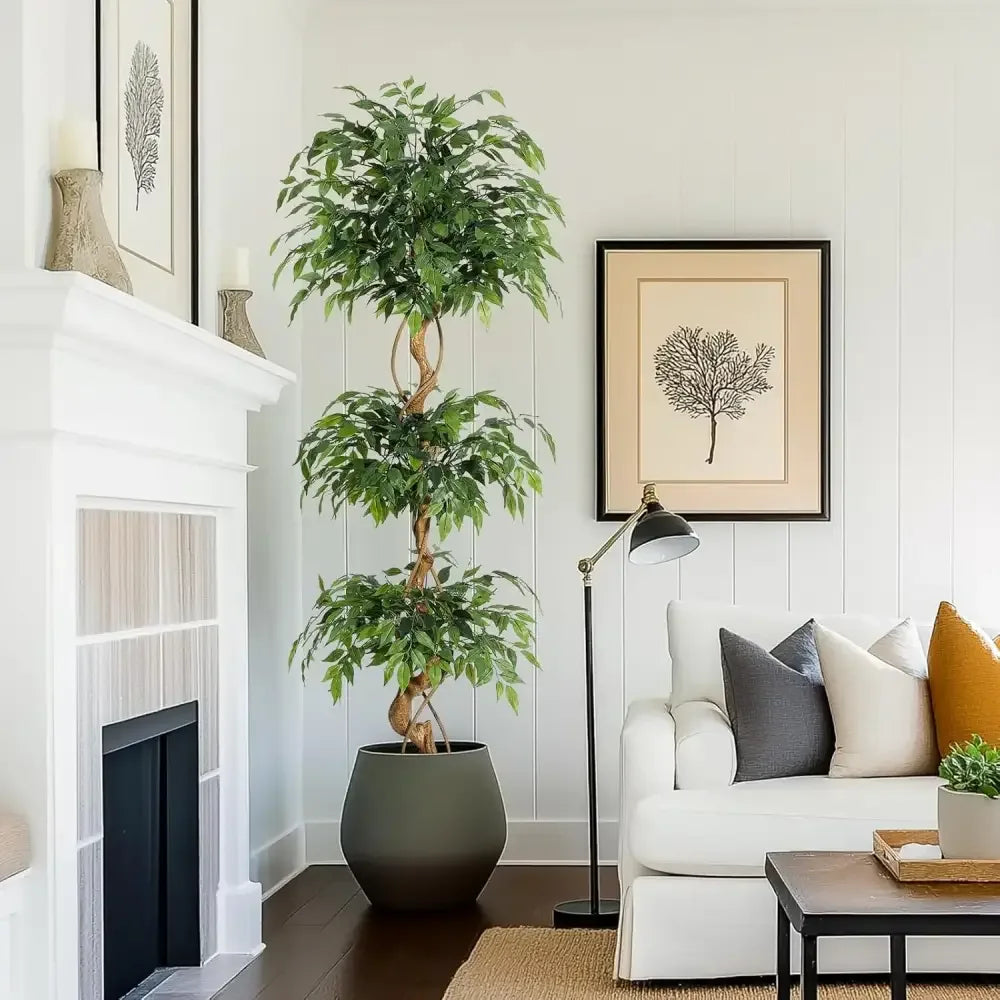 Artificial Ficus Tree Silk Leaves, Vine-Wrapped Trunk -