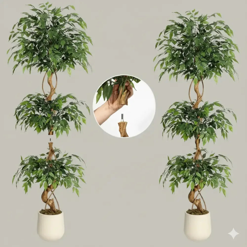 Artificial Ficus Tree Silk Leaves, Vine-Wrapped Trunk -