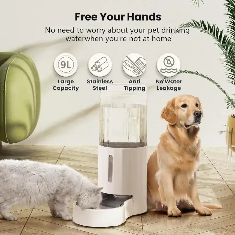 Automatic 9L Pet Water Dispenser with Stainless Steel Bowl, Gravity Feeder, BPA-Free, Easy Clean -