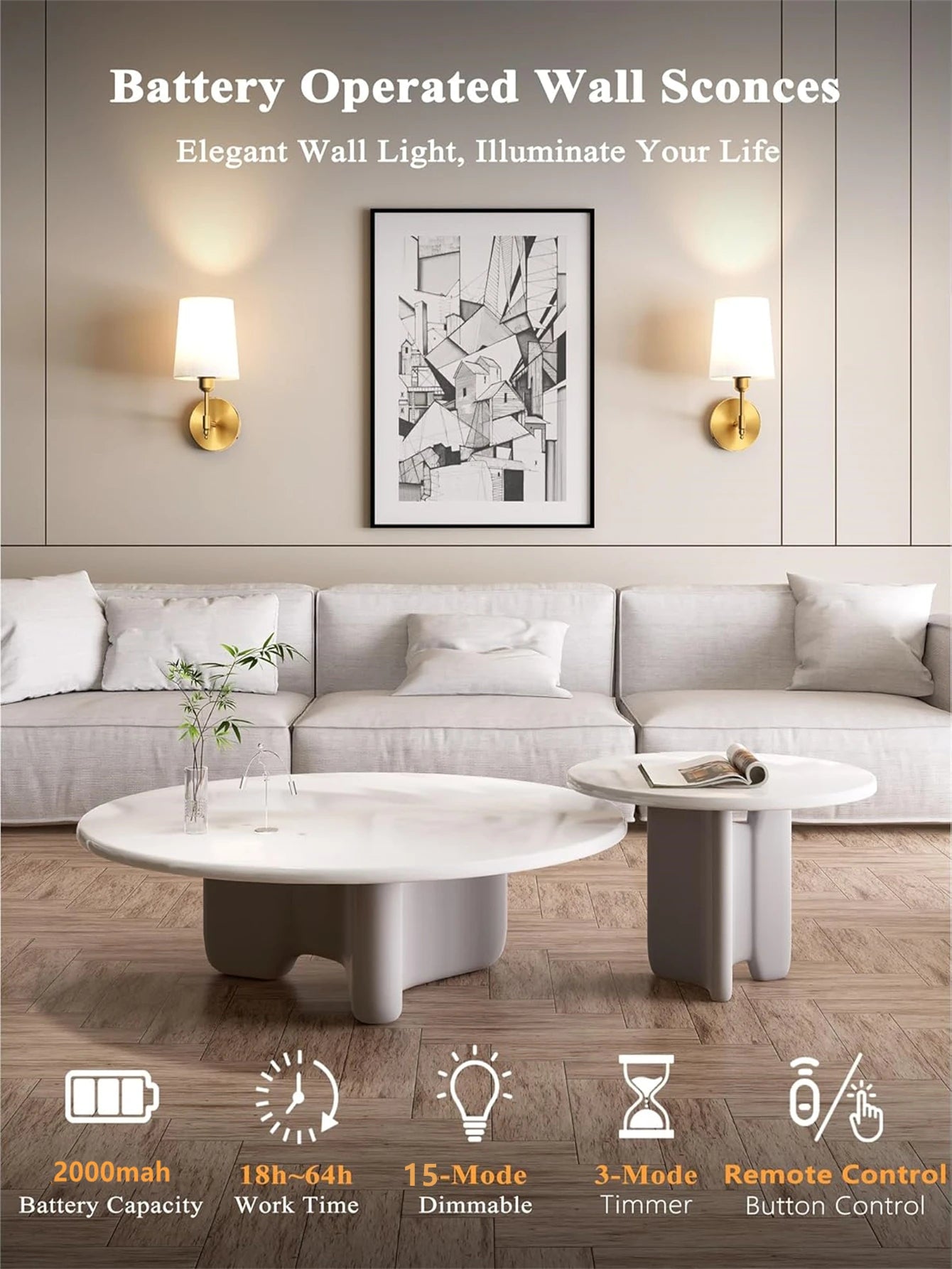 Modern living room with battery-operated wall sconces, sofa, and coffee table.