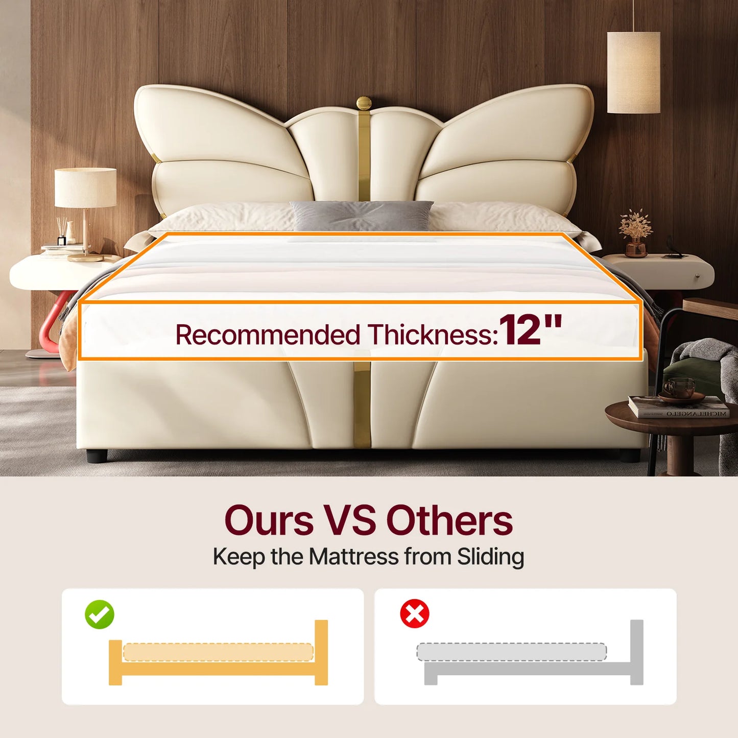 Bed with mattress thickness indicator and comparison graphics in a bedroom setting