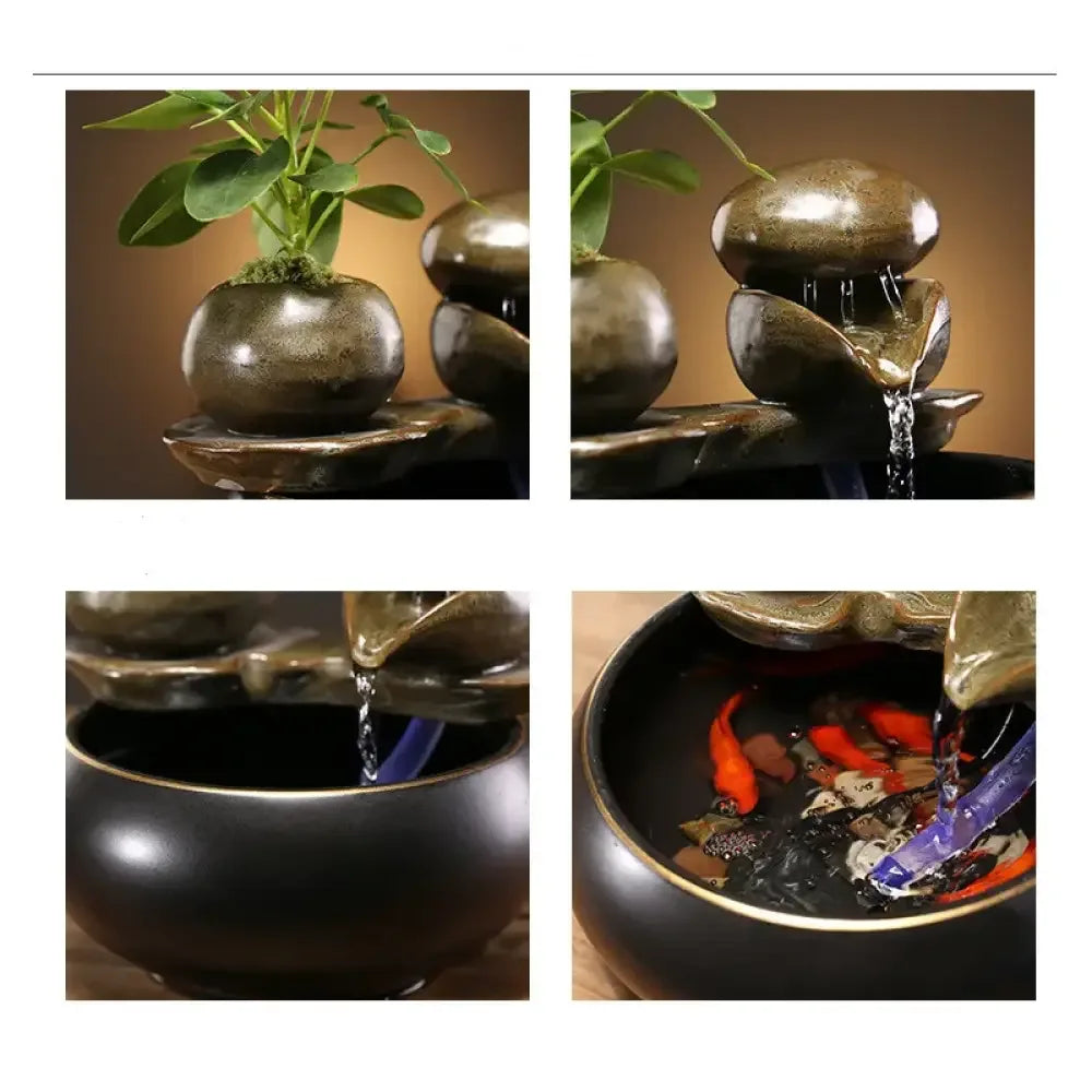 Ceramic Zen Cat Water Fountain Silent Desktop Waterfall & Landscape Pet Drinker Lead-Free - A / USB