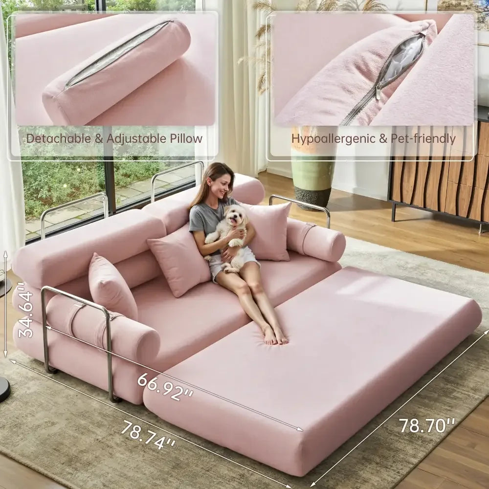 Convertible Sleeper Sofa High-Back Floor Couch Bed All-Foam Memory Support - Pink
