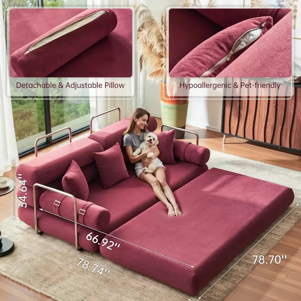 Convertible Sleeper Sofa High-Back Floor Couch Bed All-Foam Memory Support - Burgundy