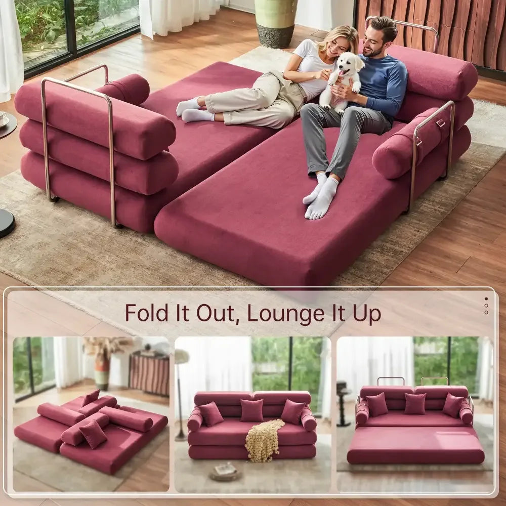 Convertible Sleeper Sofa High-Back Floor Couch Bed All-Foam Memory Support - Burgundy