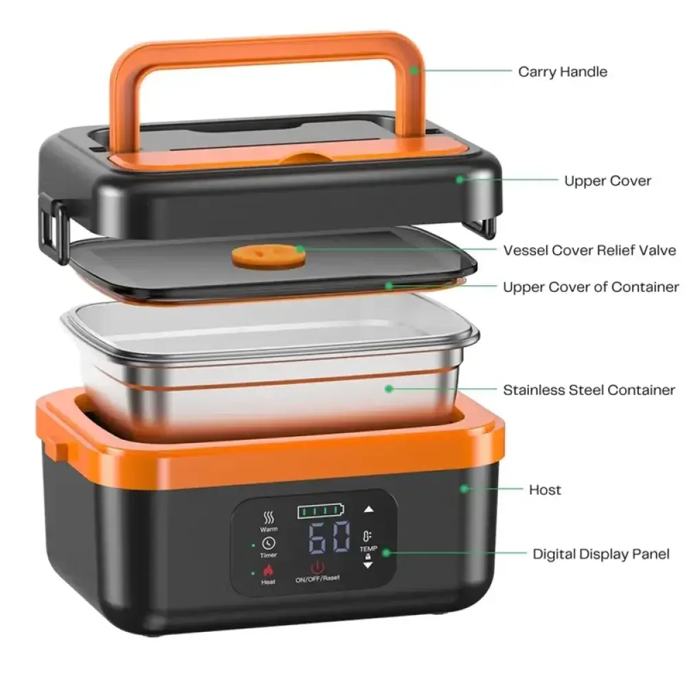 Cordless Electric Lunch Box – Rechargeable Self-Heating Food Warmer with 16000mAh Battery for Work, Travel, Car, and Office - Black US