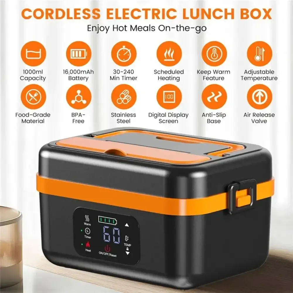 Cordless Electric Lunch Box – Rechargeable Self-Heating Food Warmer with 16000mAh Battery for Work, Travel, Car, and Office - Black US