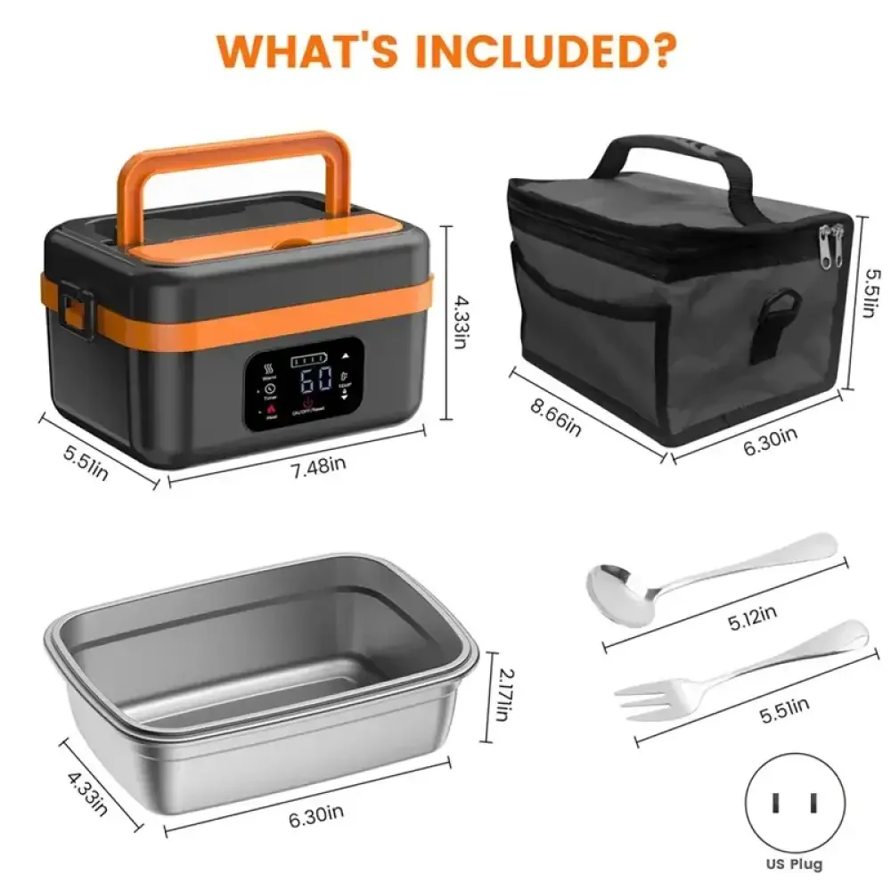 Cordless Electric Lunch Box – Rechargeable Self-Heating Food Warmer with 16000mAh Battery for Work, Travel, Car, and Office - Black US