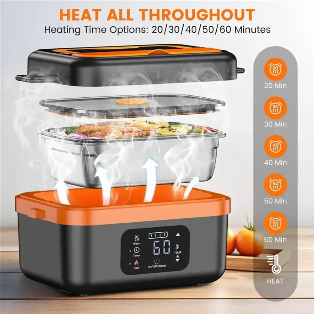 Cordless Electric Lunch Box – Rechargeable Self-Heating Food Warmer with 16000mAh Battery for Work, Travel, Car, and Office - Black Orange EU