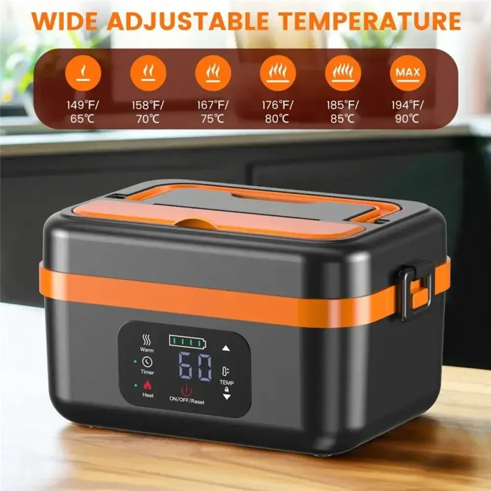 Cordless Electric Lunch Box – Rechargeable Self-Heating Food Warmer with 16000mAh Battery for Work, Travel, Car, and Office - Black Orange US
