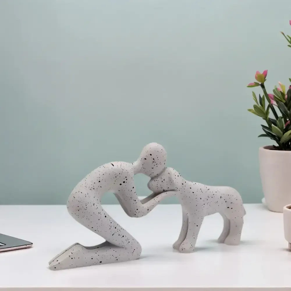 Creative Dog and Owner Resin Statue Personalized Pet Lover Home Decor - Light Grey