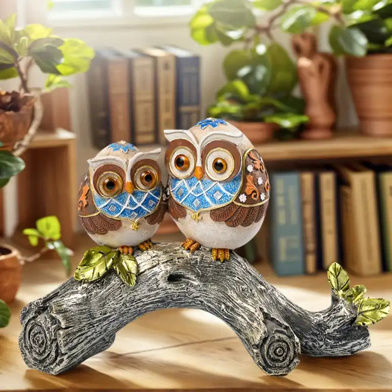Two decorative owl figurines on a branch with a home interior background.