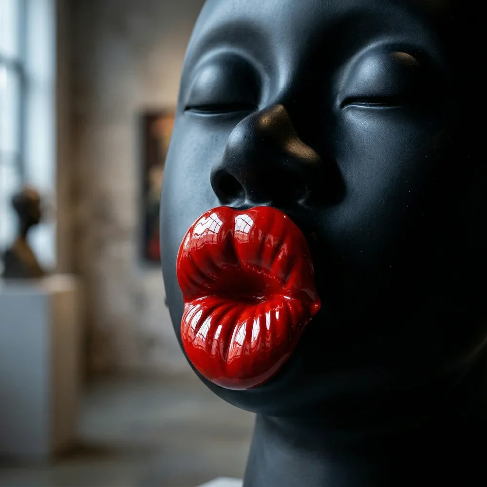 Modern Red Lip Lady Head Sculpture – Resin Art Decor