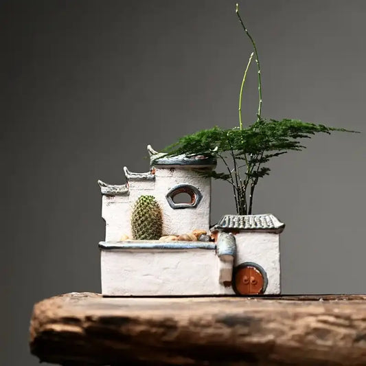 Jiangnan House Ceramic Succulent Planter - Handcrafted Rustic Tabletop Pot