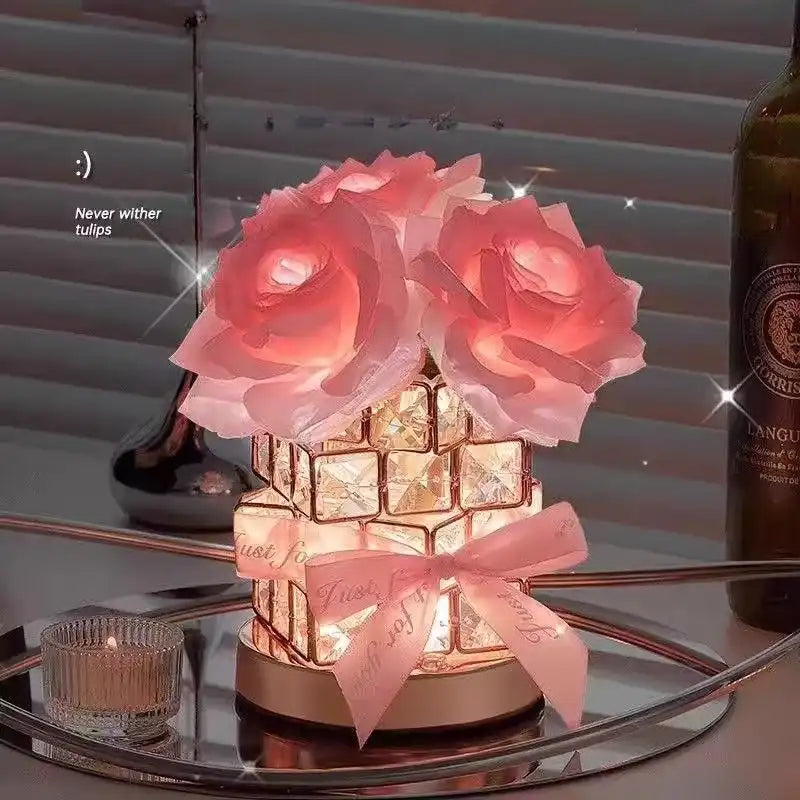 Rosenwürfel Kristall-LED-Atmosphärentischleuchte – Ewige Rosen-Nachtlicht-Geschenk
