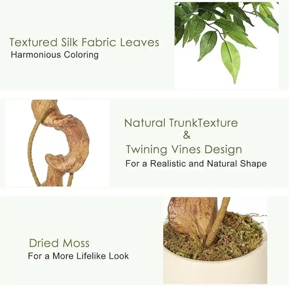 Ficus Artificial Tree w/ Curved Trunk & Vines | Silk Leaves, White Pot for Home/Office Decor - 4 FT