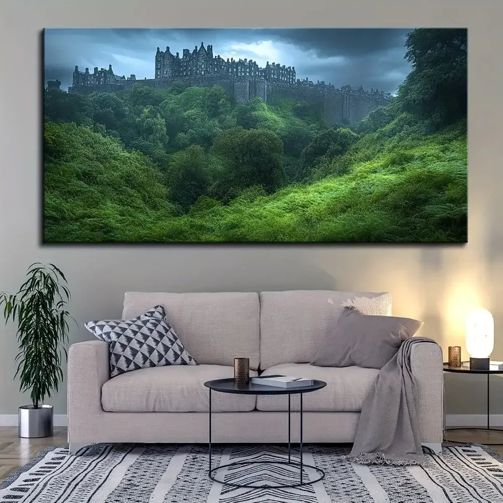 Forest Castle Canvas Wall Art 1.5" Thick Solid Pine Frame Modern Home Decor - 16 x 32in