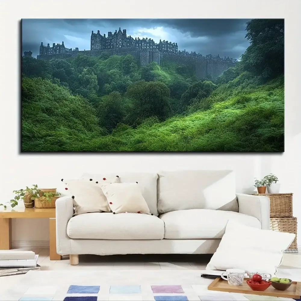 Forest Castle Canvas Wall Art 1.5" Thick Solid Pine Frame Modern Home Decor - 16 x 32in