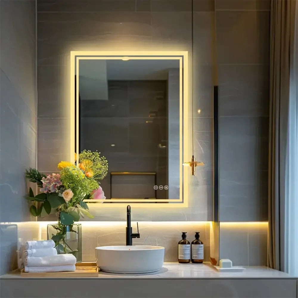 Frameless LED Backlit Bathroom Mirror Dimmable, 3-Color Light & Anti-Fog Smart Mirror - 50x70cm