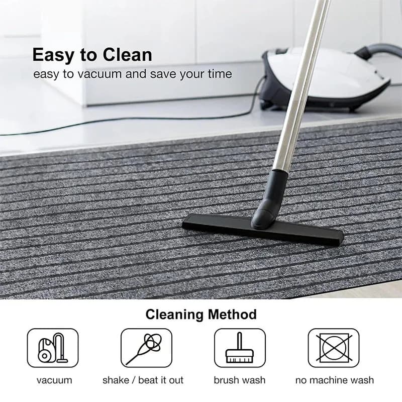 Vacuum cleaning a gray mat with text indicating ease of cleaning and cleaning methods.