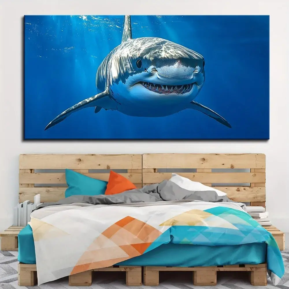 Great White Shark Canvas Wall Art 16x32" Thick Pine Solid Wood Frame