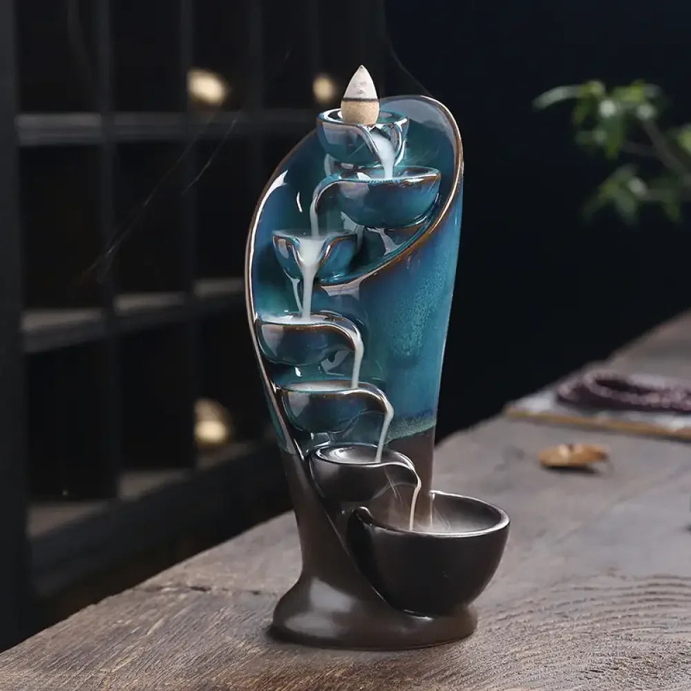 Handmade Torch Waterfall Incense Burner Ceramic Backflow Censer Home Decor - Blue
