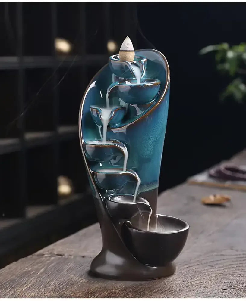 Handmade Torch Waterfall Incense Burner Ceramic Backflow Censer Home Decor - Blue