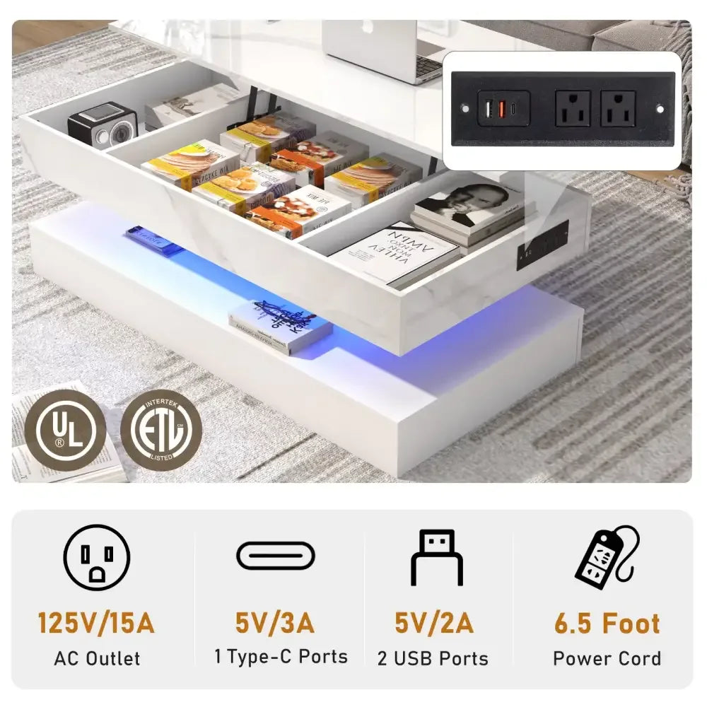 High Glossy LED Coffee Table Center Table Open Shelf, Large Storage, & App Control - Black
