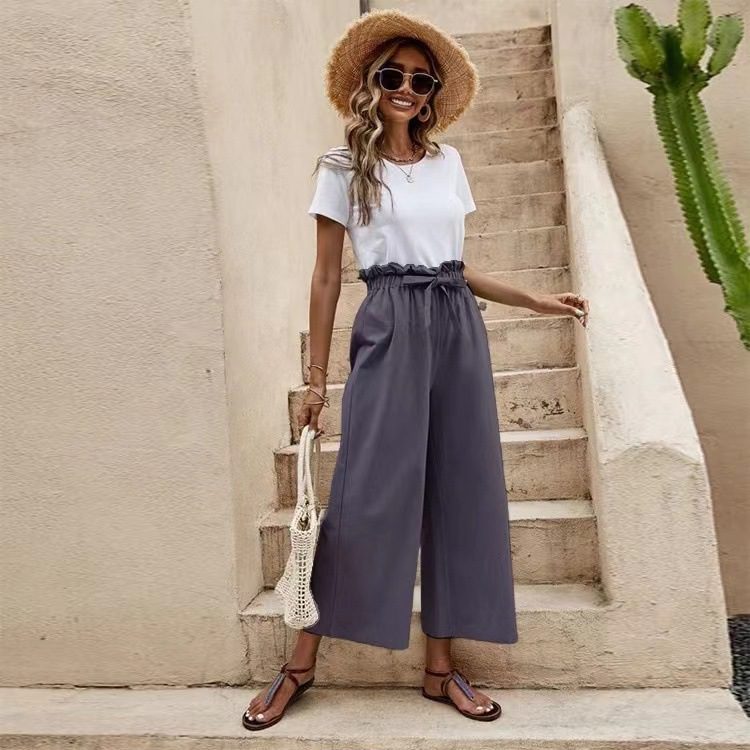 Women's Solid Color Elastic Waist Belted Wide Leg Pants