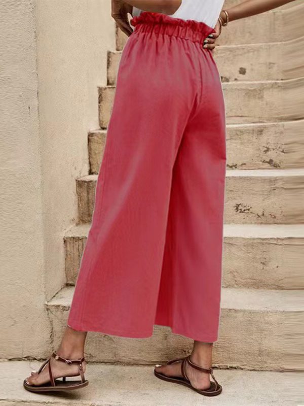 Women's Solid Color Elastic Waist Belted Wide Leg Pants