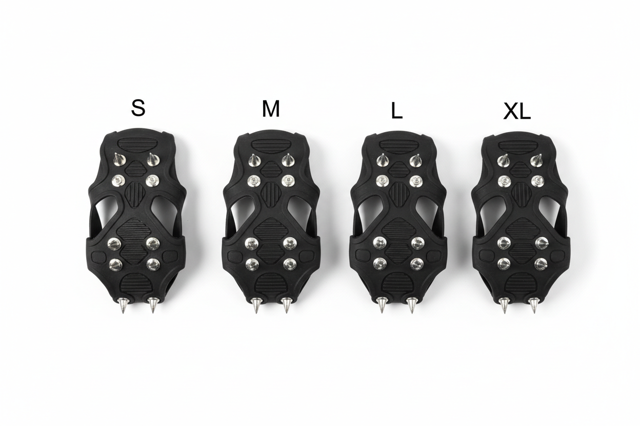 Snow cleats ice grips product flat lay showing all 4 sizes S M L XL with steel stud spikes visible on rubber grip base