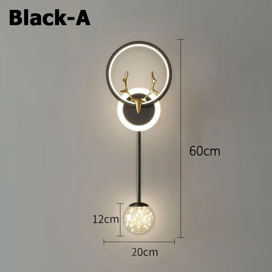 Wall lamp with deer antler design and measurements on a gray background