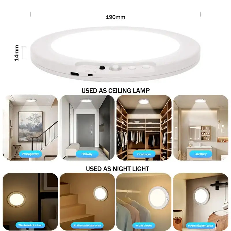 Ceiling light fixture with dimensions and usage examples as ceiling lamp and night light.