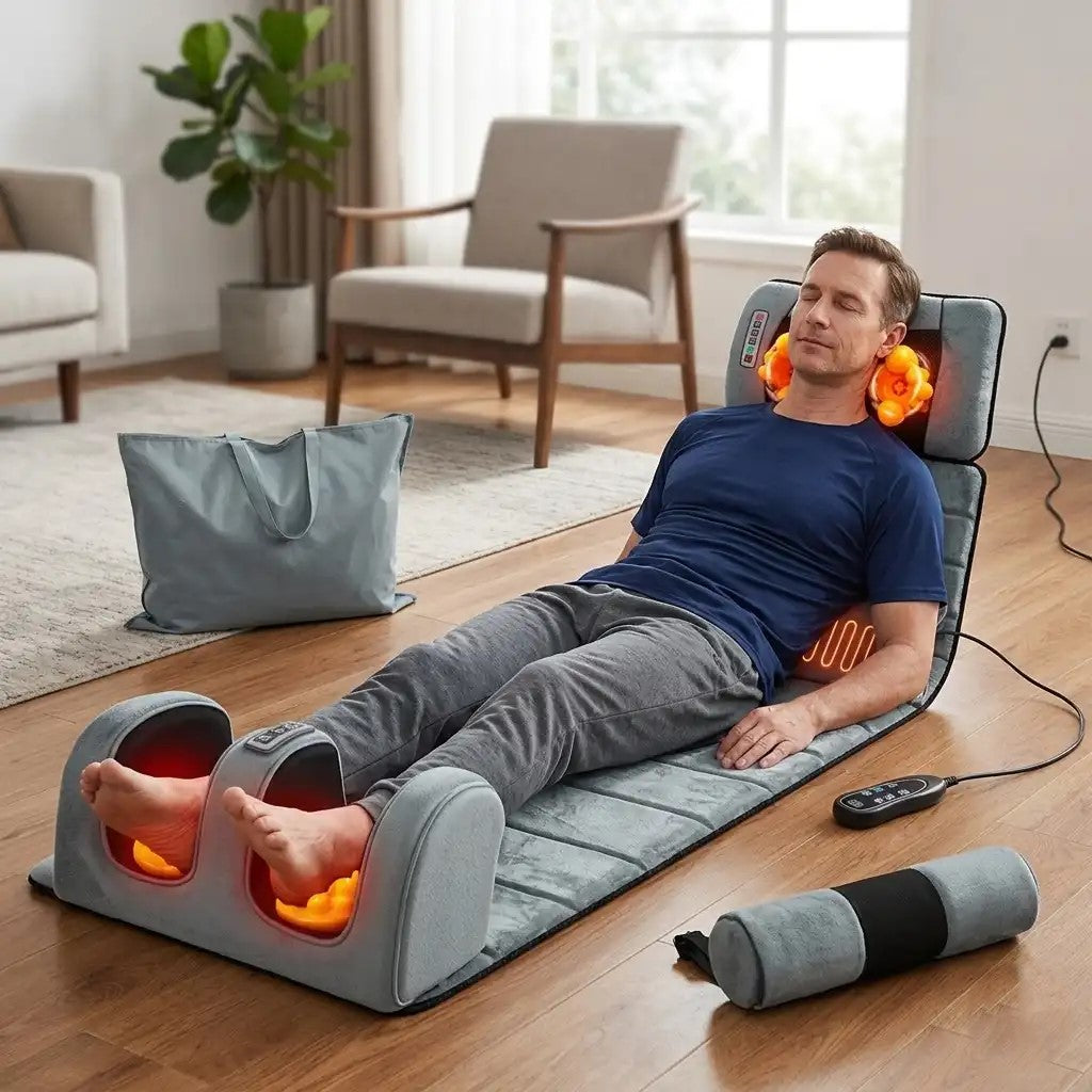 Man using a massage mat with heat in a living room setting