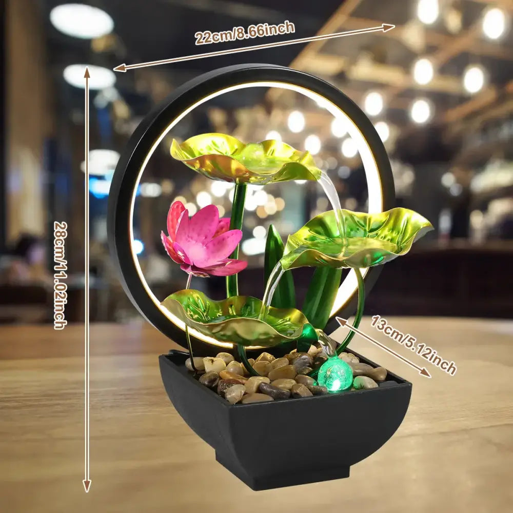 Metal Tabletop Water Fountain with LED Ring Lights & Natural Rocks