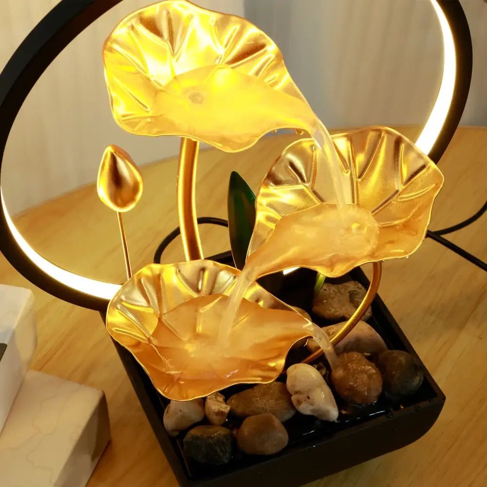 Metal Tabletop Water Fountain with LED Ring Lights & Natural Rocks