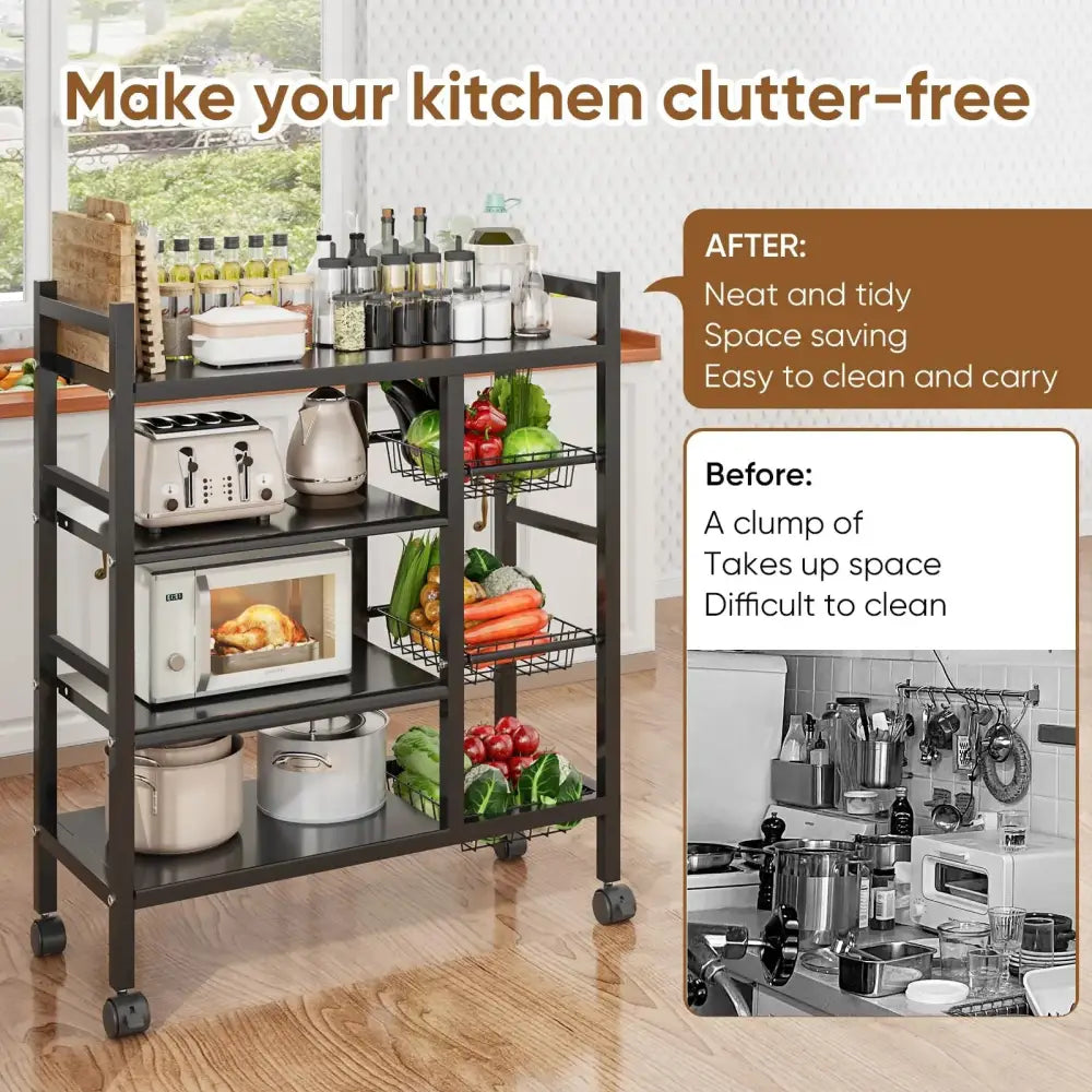 Multifunctional kitchen cart with appliances and groceries on a tiled floor.