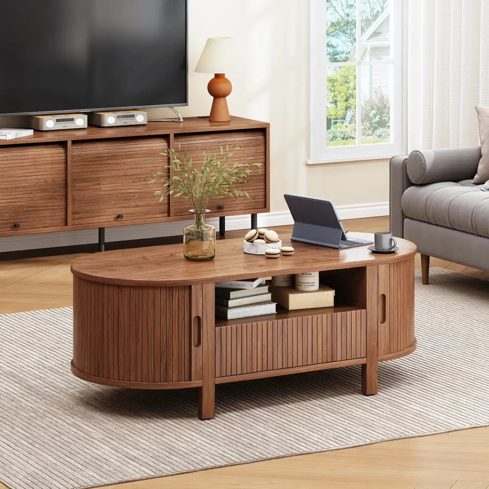 Oval Fluted Coffee Table Mid-Century Modern Center Table Cabinets & Storage