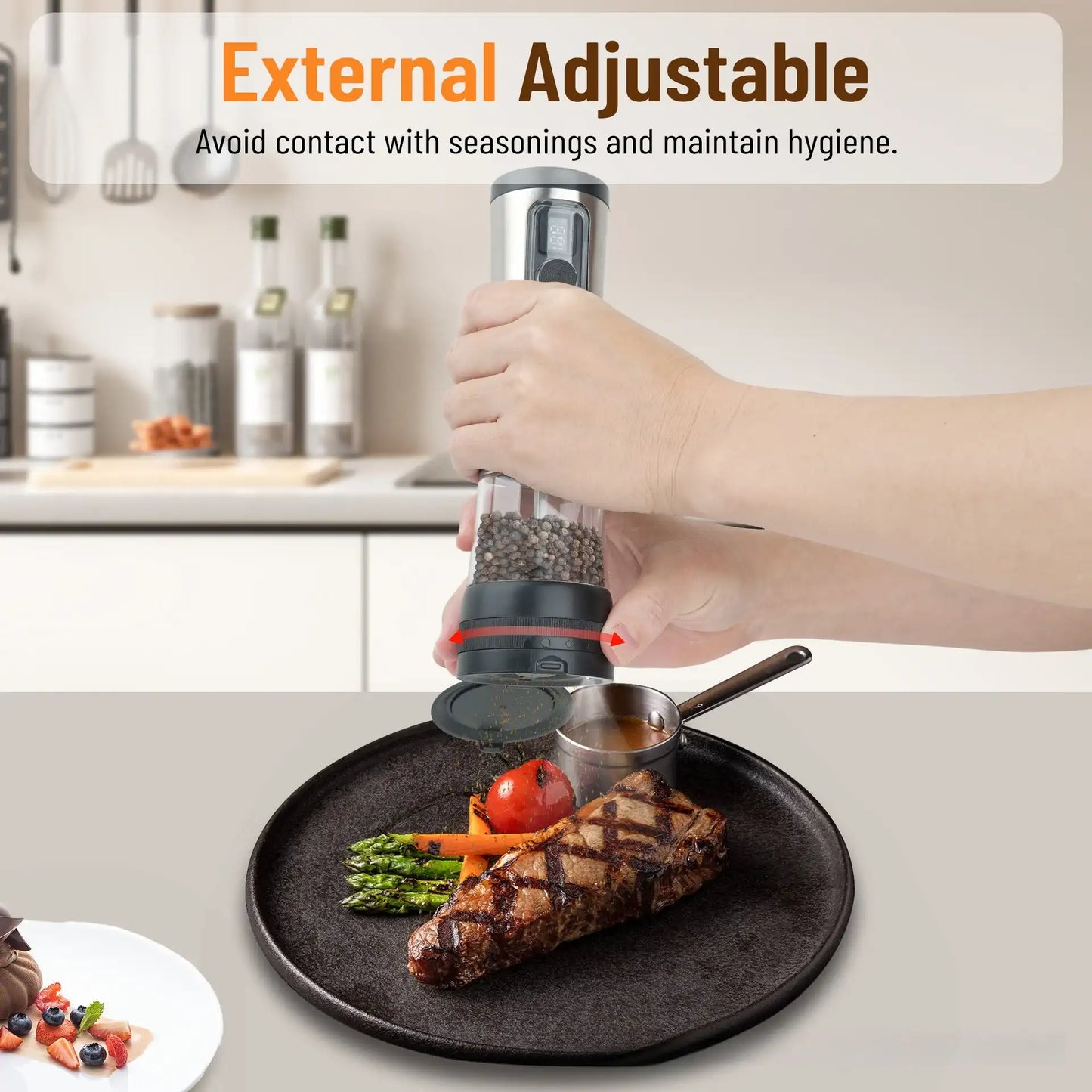 A person using a pepper grinder over a plate of food in a kitchen setting.