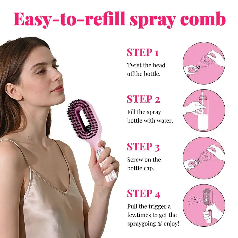 Woman holding a pink spray comb with step-by-step instructions on how to use it.