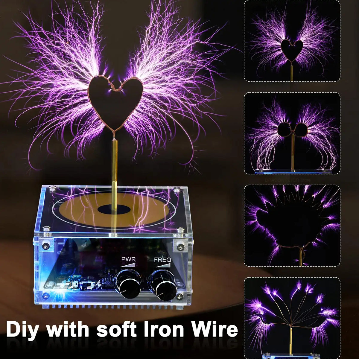 DIY plasma lamp kit with soft iron wire, showing the assembled lamp and close-up shots of the plasma effects.