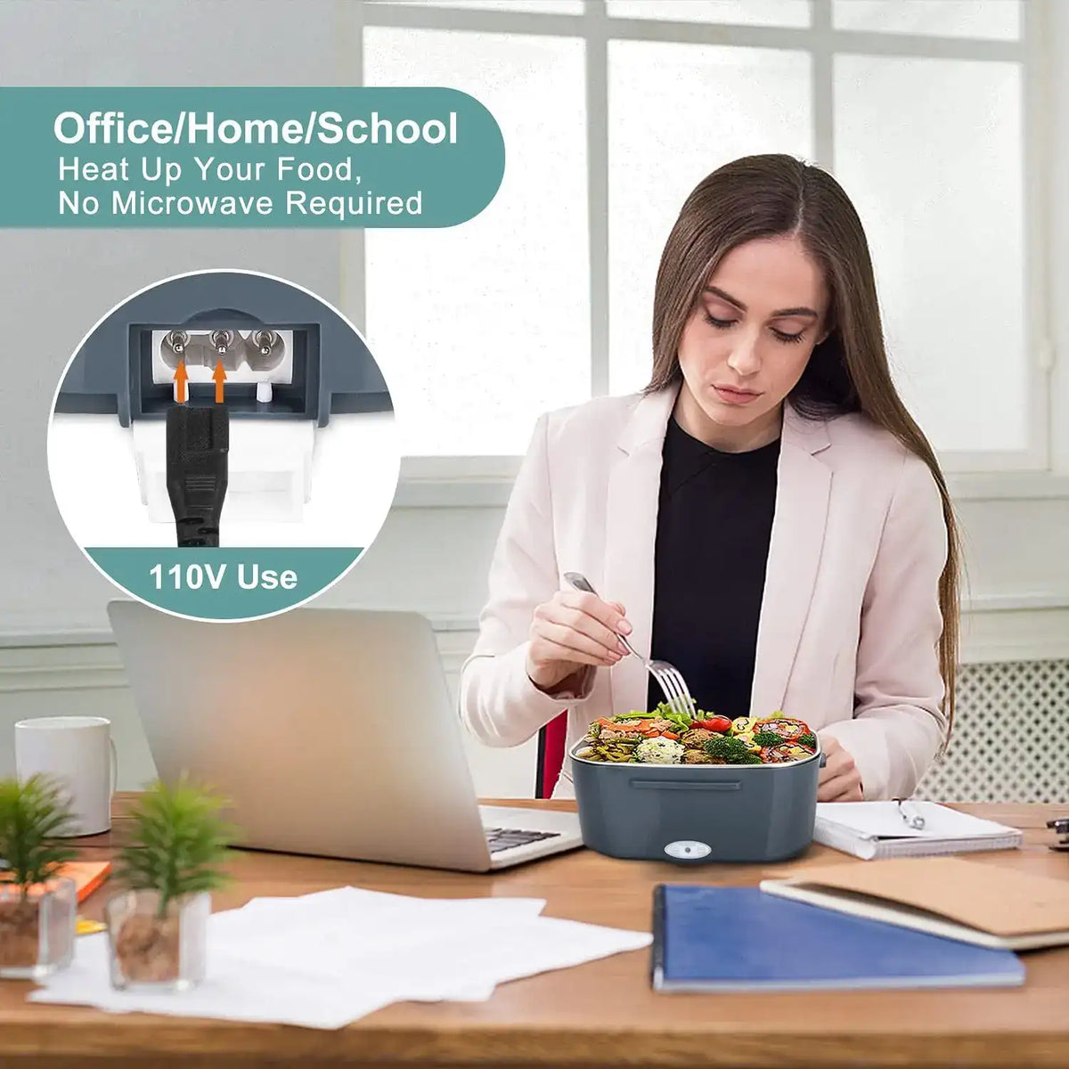 Woman eating salad at a desk with a portable food warmer, office/home/school setting.