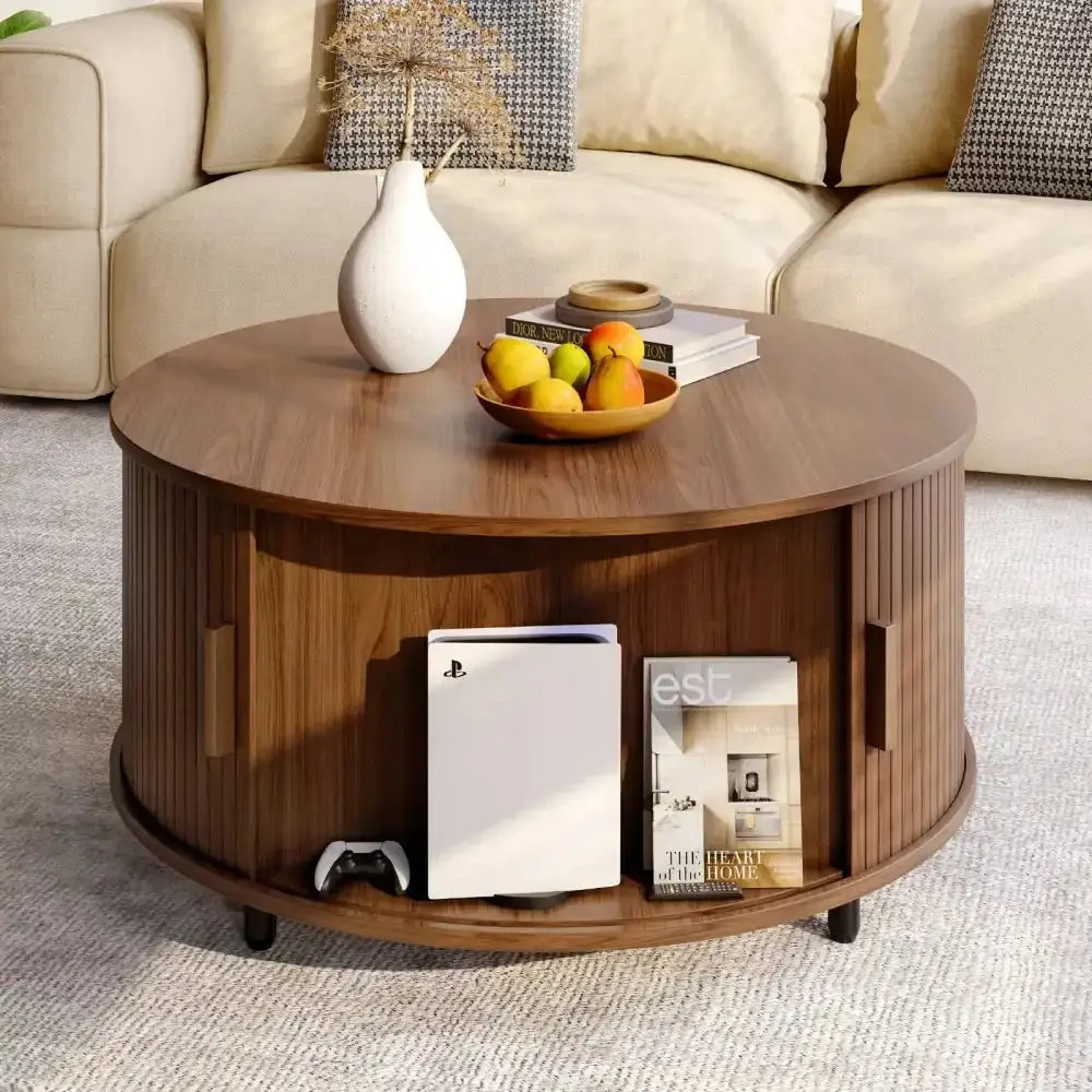 Round Fluted Coffee Table 360° Curved Sliding Door & Hidden Storage - Ninjanew