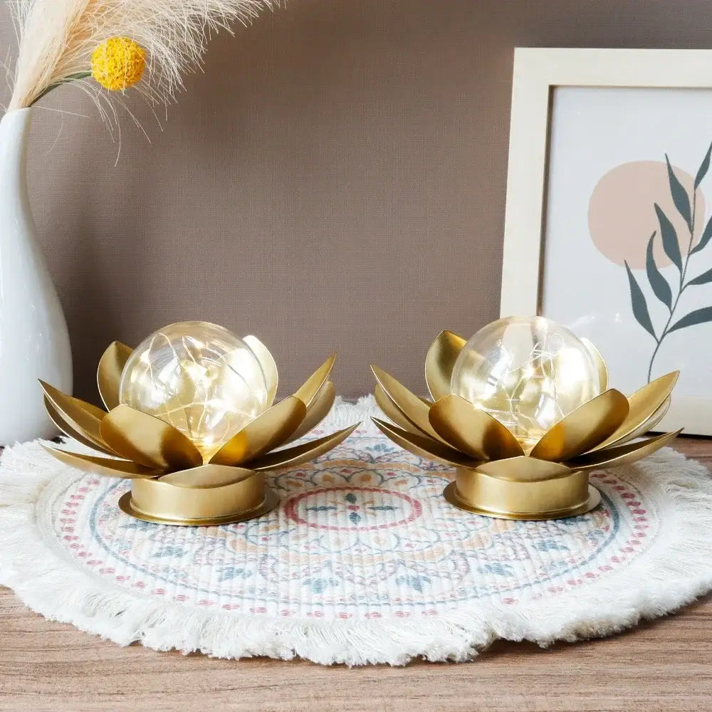 Set of 2 Gold Lotus Table Lamps 6'' Cordless Battery Powered Metal Decor