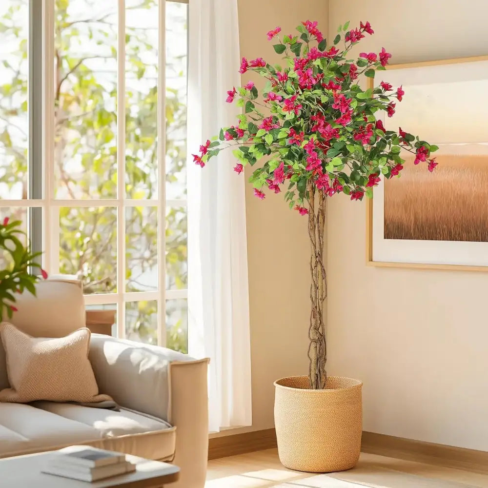 Tall Artificial Bougainvillea Tree | Pink Flowers, Wood Trunk & Potted Faux Plant for Indoor/Outdoor