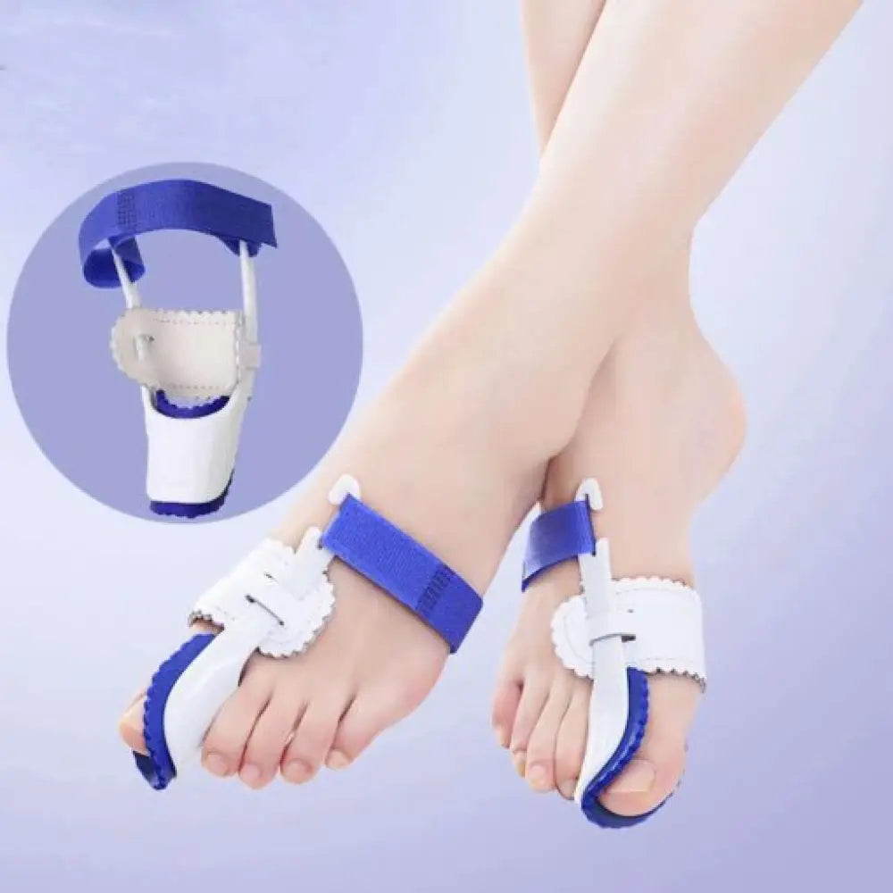 Foot orthosis with blue and white straps on a light purple background