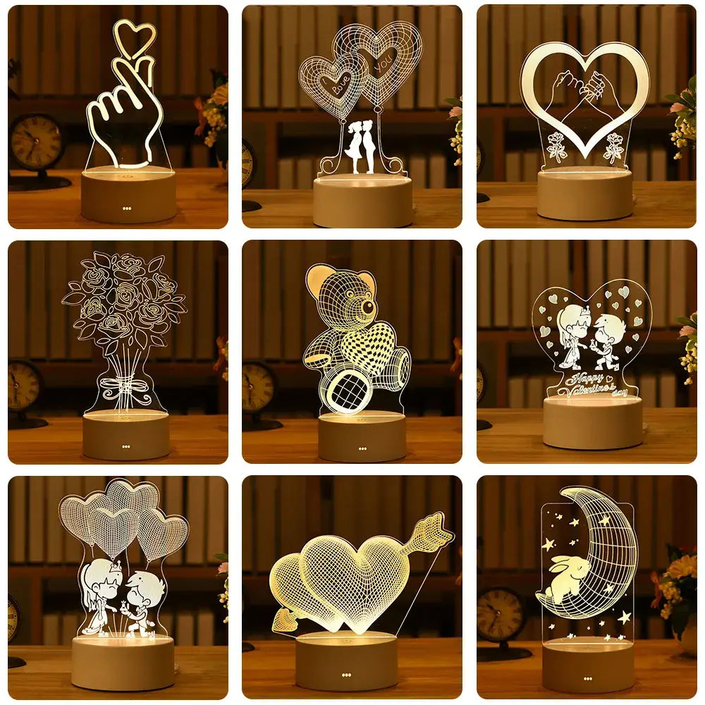 Collage of various 3D LED night lights with different designs on a wooden surface.