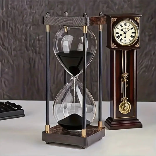 Vintage 60-Minute Wooden Hourglass Timer Black Sand Desktop Decor