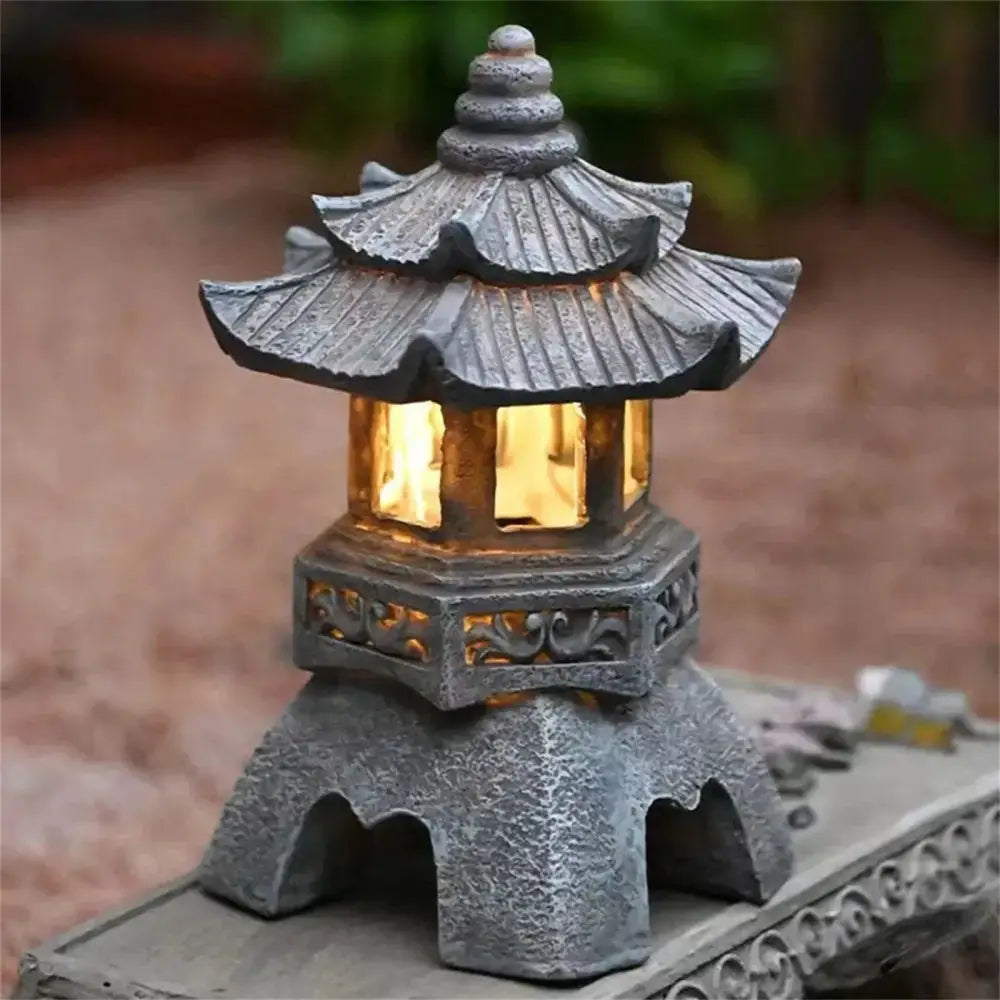 Zen Solar Stone Pagoda Garden Statue Waterproof Outdoor Oriental Lantern Decor