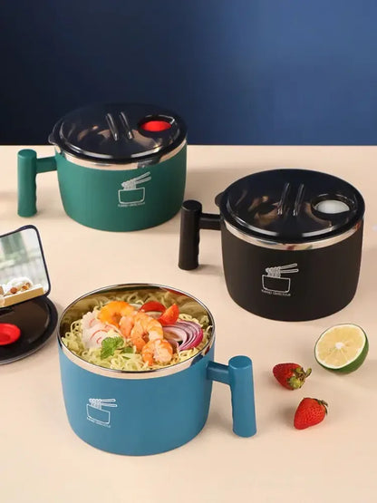 1000mL Stainless Steel Instant Noodle Bowl with Lid Portable, Sealed, & Drain Bowl Function - Blue